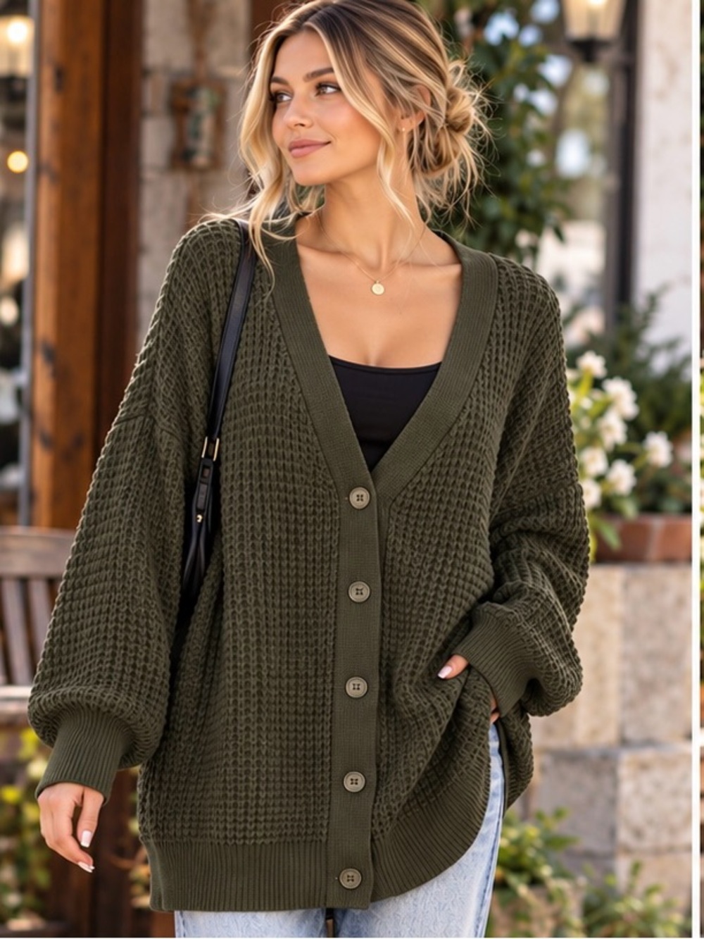 Qualfort Women’s Large Olive Green 100% Cotton Oversized Waffle Knit Cardigan